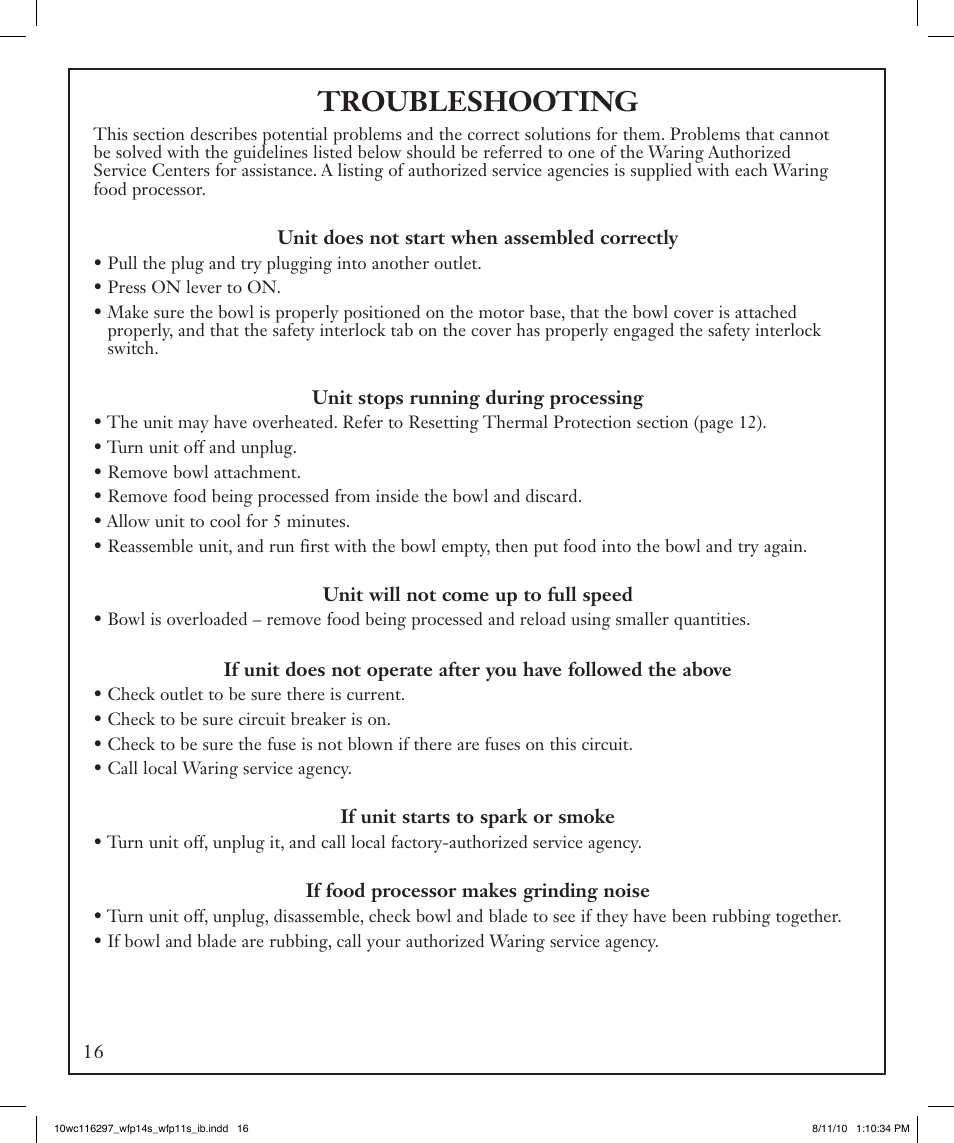 Troubleshooting | Waring WFP14S User Manual | Page 16 / 56