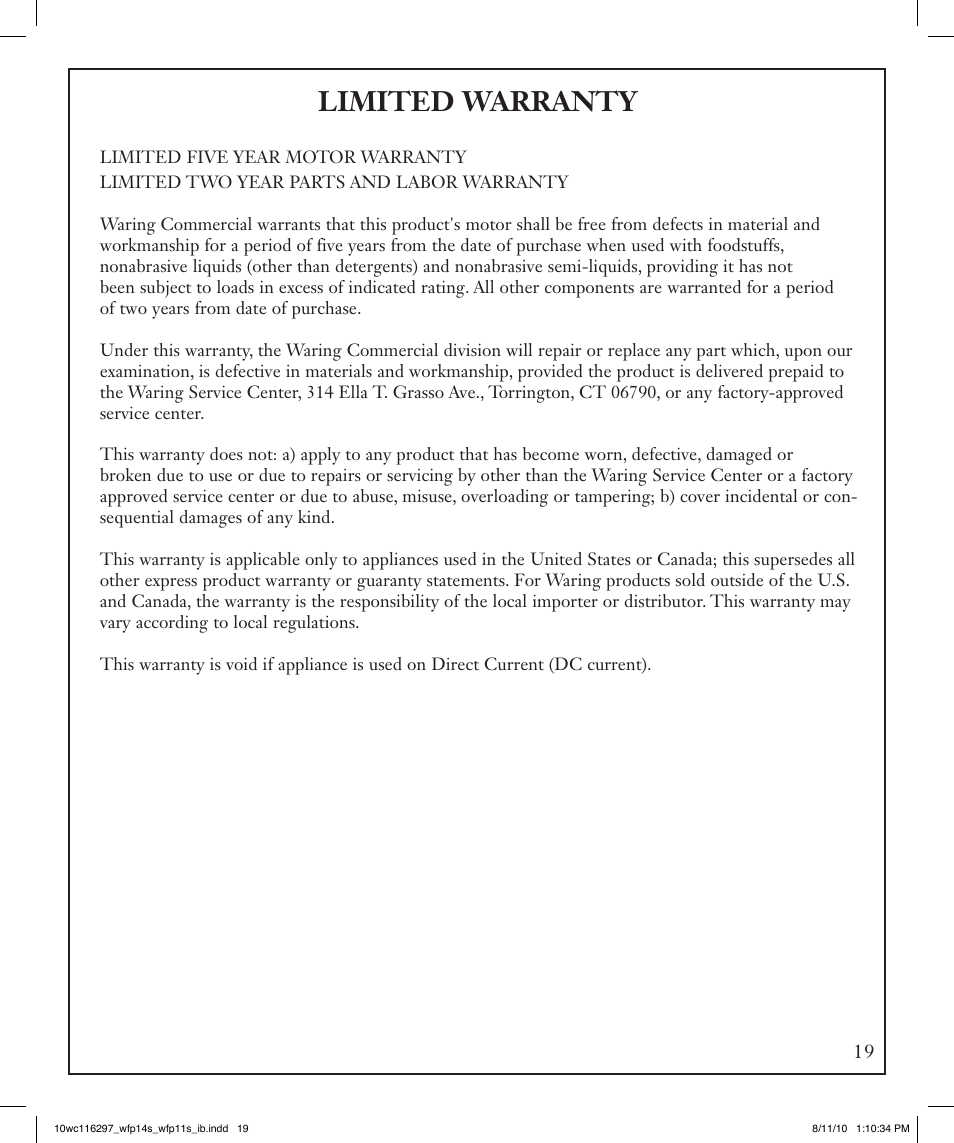 Limited warranty | Waring WFP14S User Manual | Page 19 / 56
