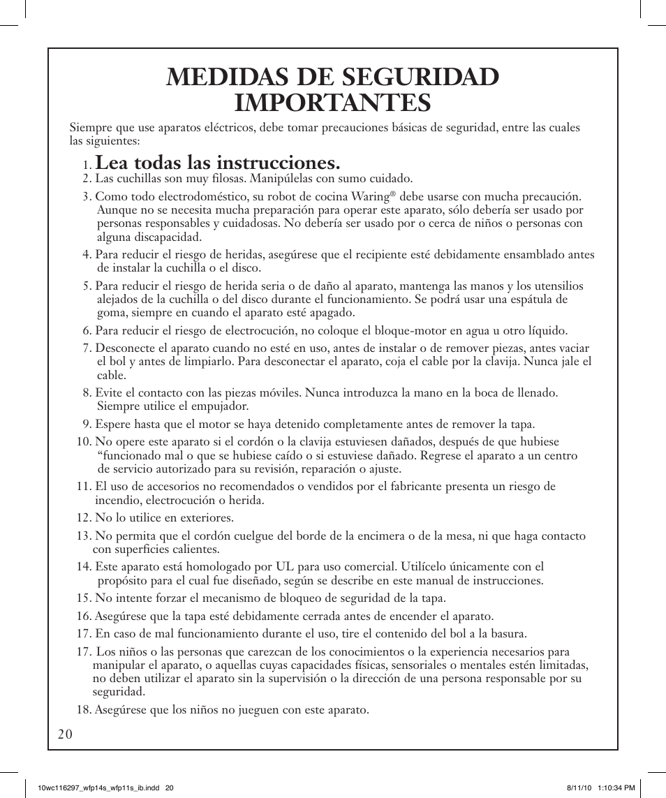 Medidas de seguridad importantes, Lea todas las instrucciones | Waring WFP14S User Manual | Page 20 / 56