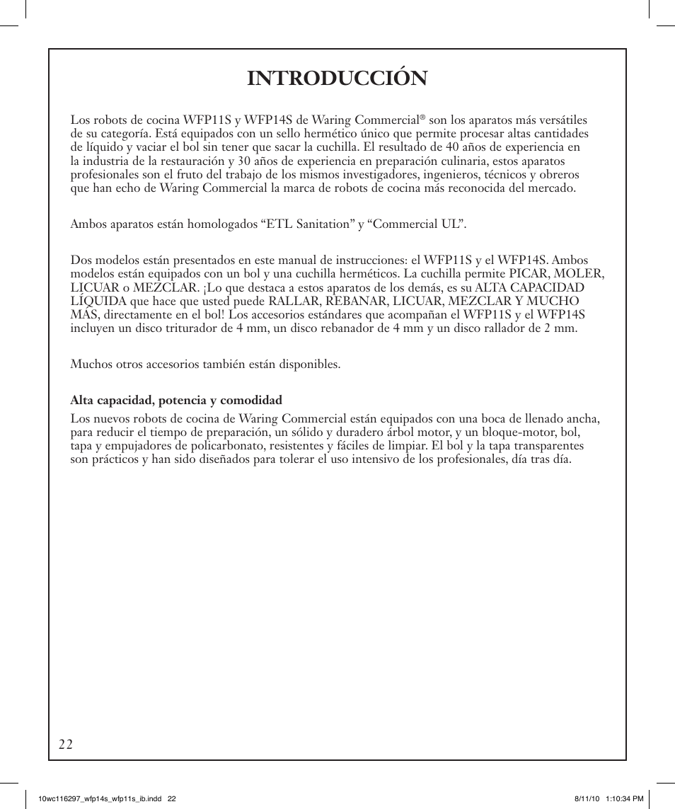 Introducción | Waring WFP14S User Manual | Page 22 / 56