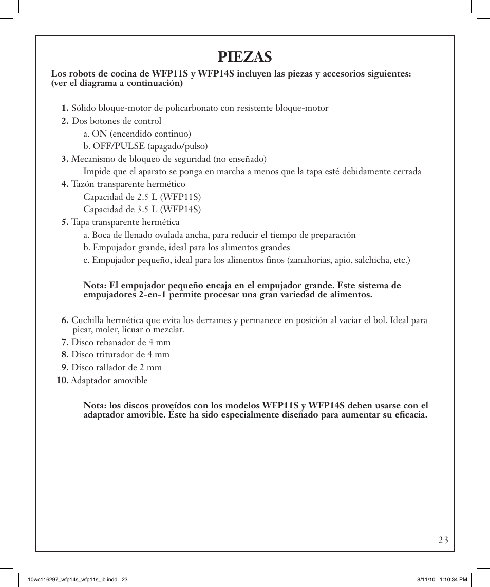 Piezas | Waring WFP14S User Manual | Page 23 / 56