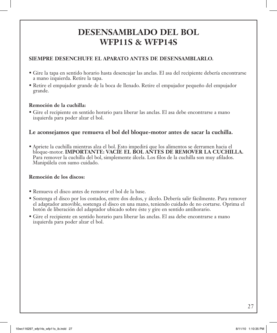 Desensamblado del bol wfp11s & wfp14s | Waring WFP14S User Manual | Page 27 / 56