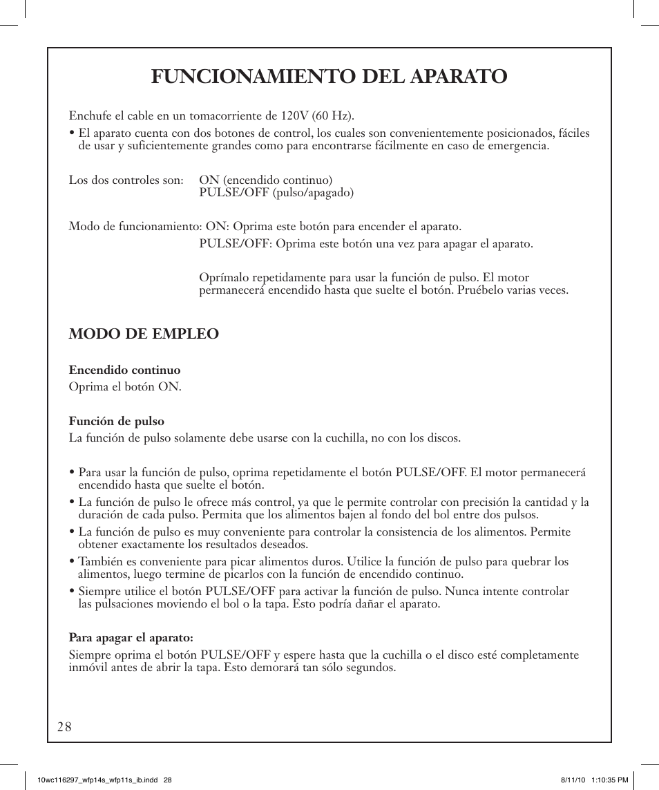 Funcionamiento del aparato | Waring WFP14S User Manual | Page 28 / 56