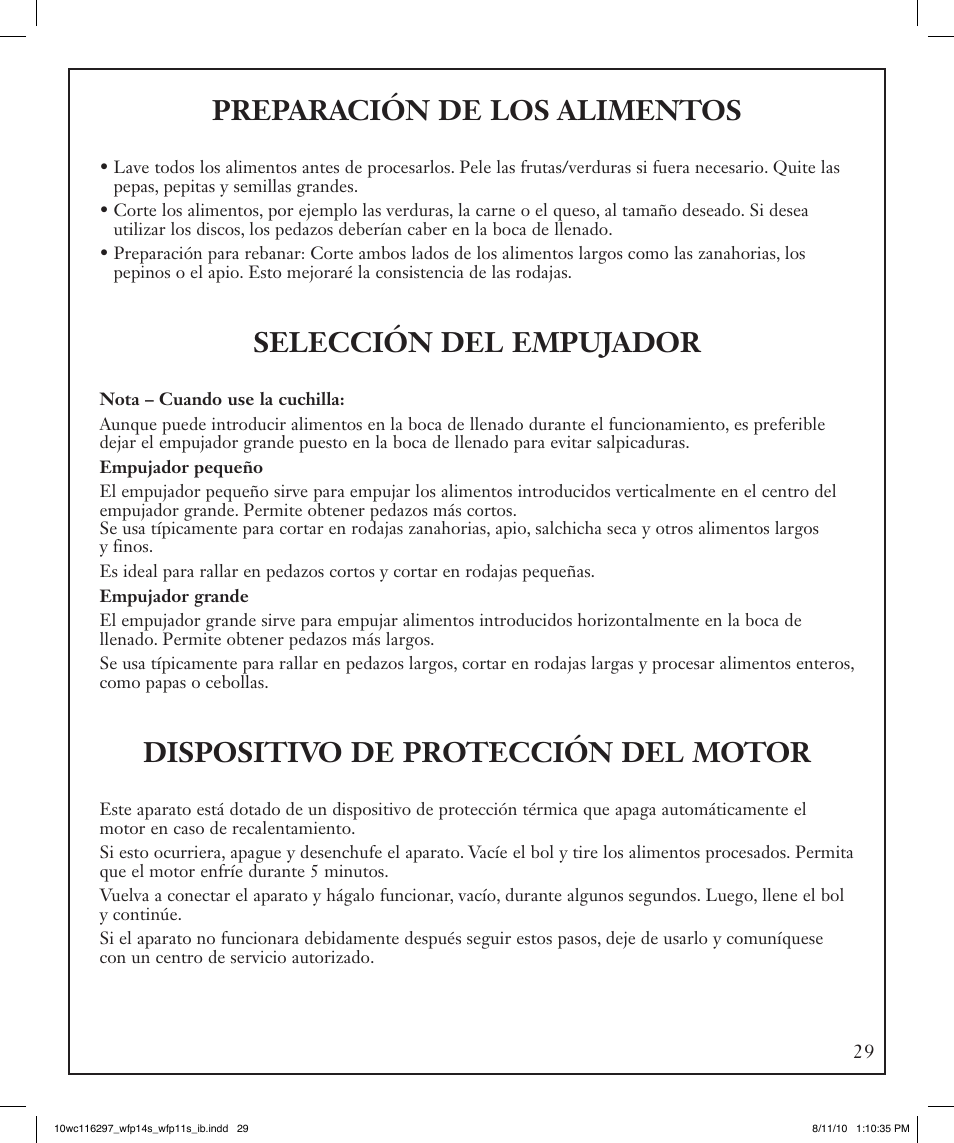 Preparación de los alimentos, Selección del empujador, Dispositivo de protección del motor | Waring WFP14S User Manual | Page 29 / 56