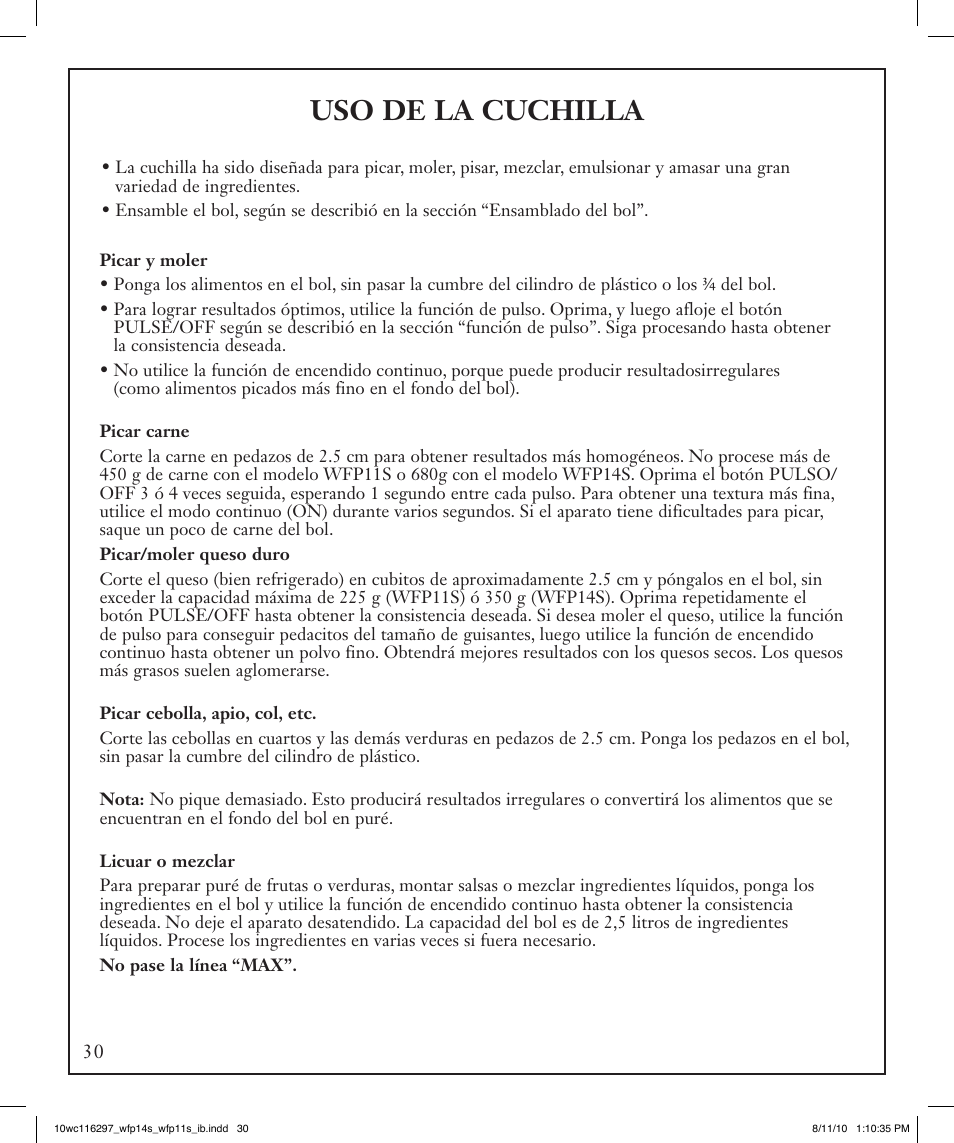 Uso de la cuchilla | Waring WFP14S User Manual | Page 30 / 56