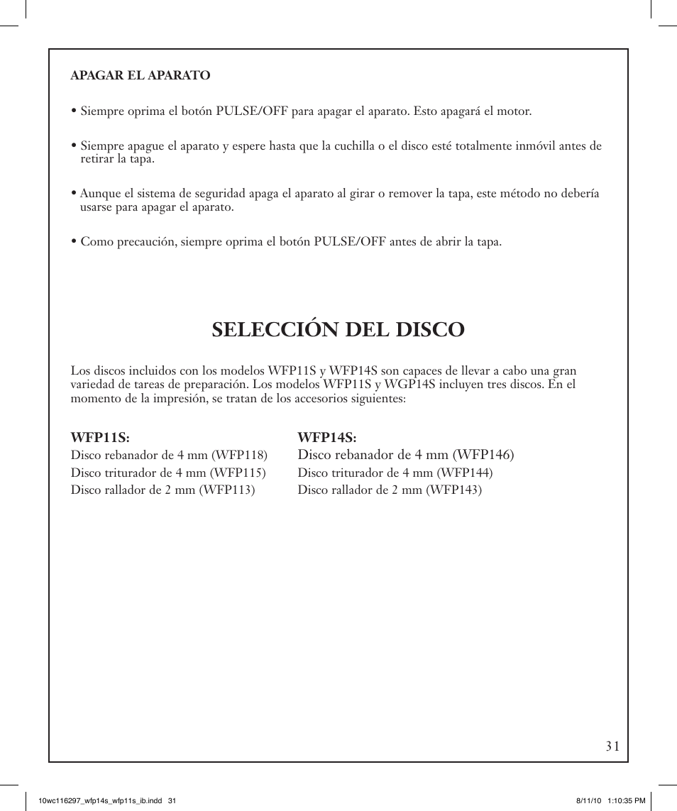 Selección del disco | Waring WFP14S User Manual | Page 31 / 56