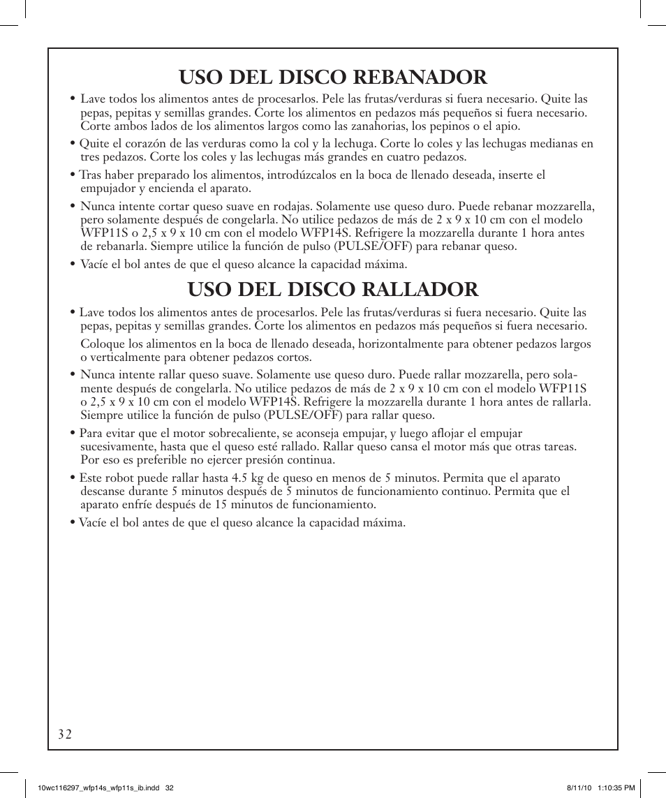Uso del disco rebanador, Uso del disco rallador | Waring WFP14S User Manual | Page 32 / 56