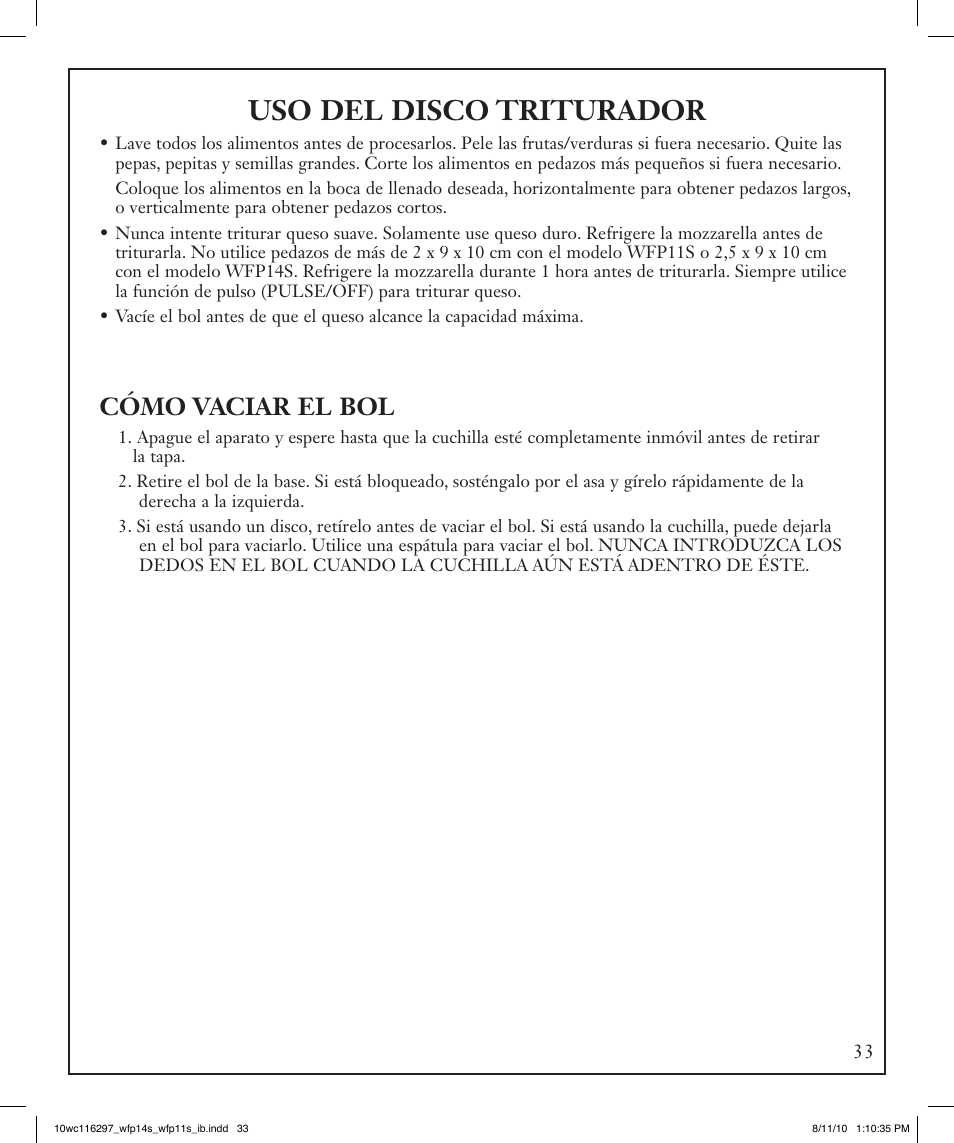 Uso del disco triturador, Cómo vaciar el bol | Waring WFP14S User Manual | Page 33 / 56