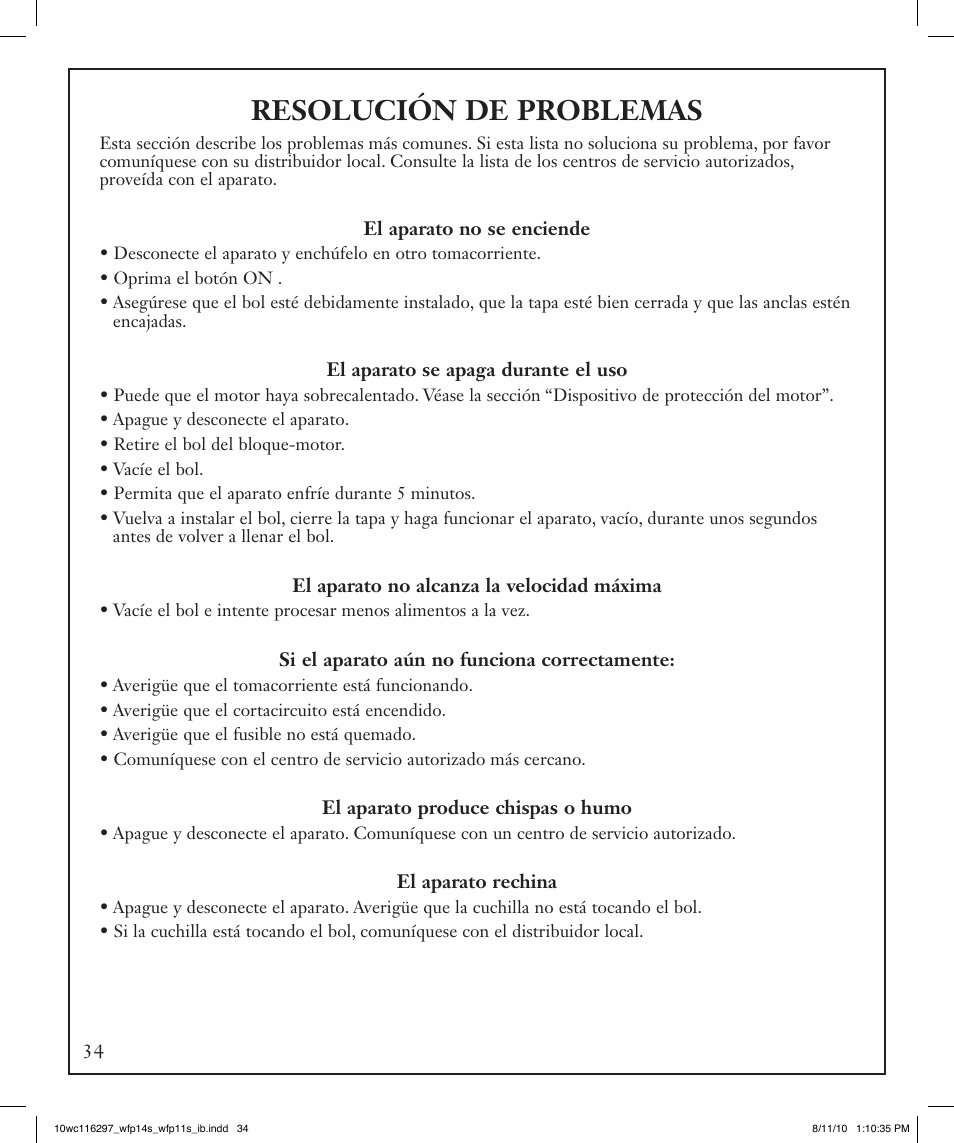 Resolución de problemas | Waring WFP14S User Manual | Page 34 / 56