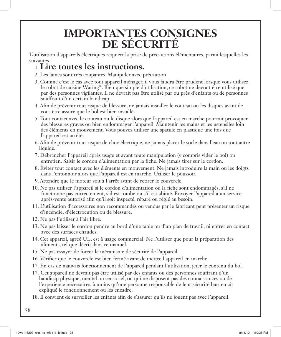 Importantes consignes de sécurité, Lire toutes les instructions | Waring WFP14S User Manual | Page 38 / 56