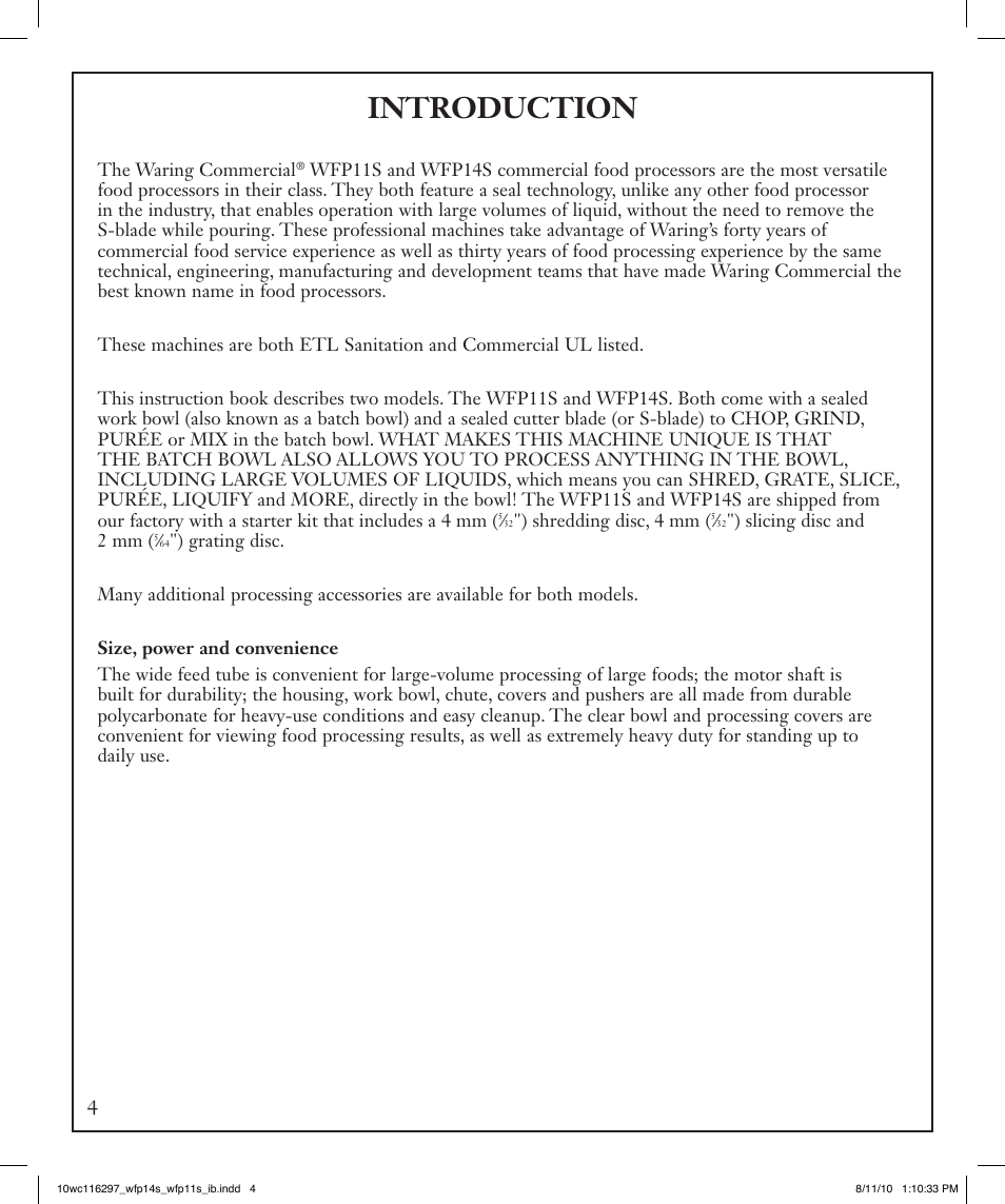 Introduction | Waring WFP14S User Manual | Page 4 / 56
