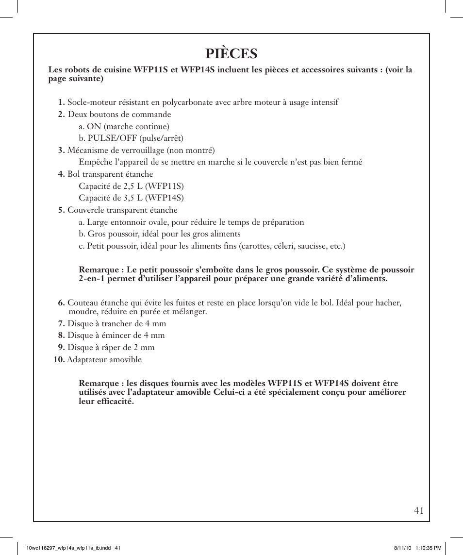 Pièces | Waring WFP14S User Manual | Page 41 / 56