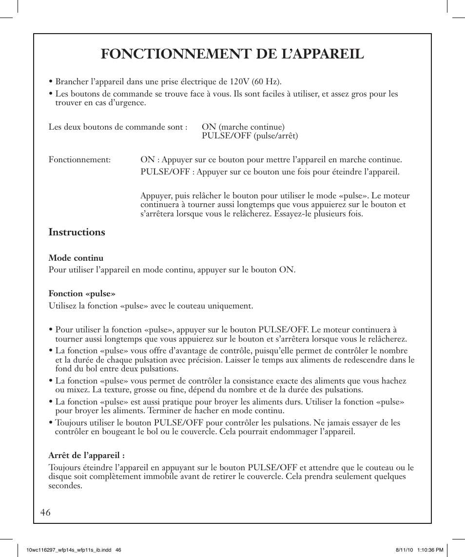 Fonctionnement de l’appareil | Waring WFP14S User Manual | Page 46 / 56