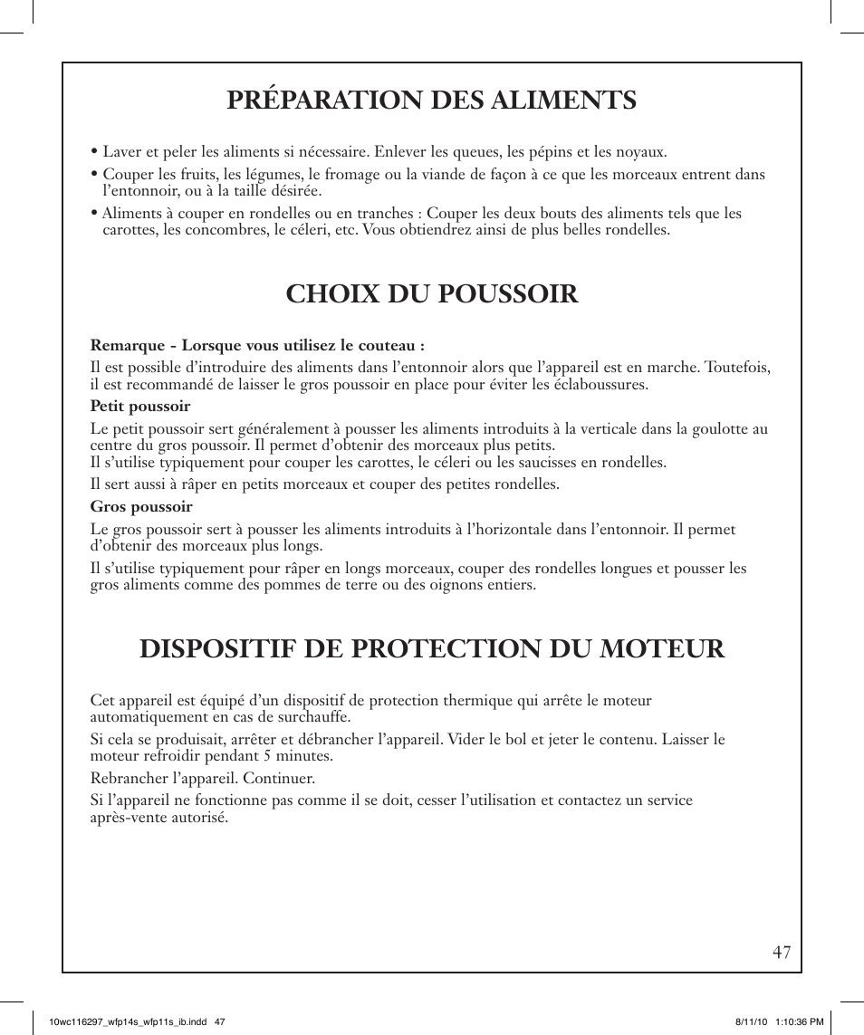 Préparation des aliments, Choix du poussoir, Dispositif de protection du moteur | Waring WFP14S User Manual | Page 47 / 56