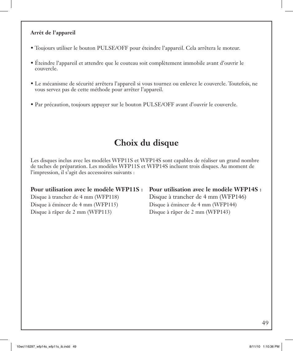 Choix du disque | Waring WFP14S User Manual | Page 49 / 56