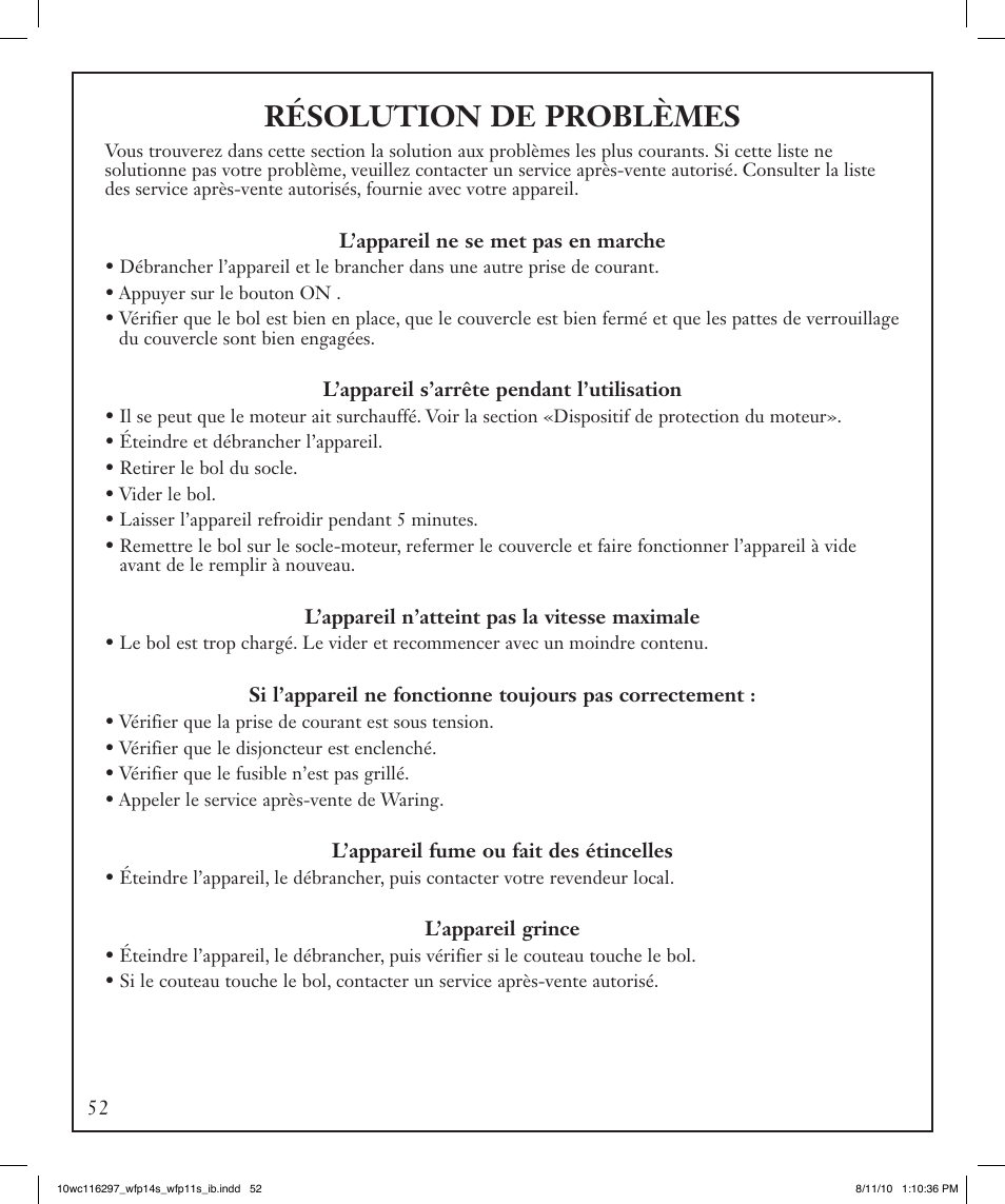 Résolution de problèmes | Waring WFP14S User Manual | Page 52 / 56