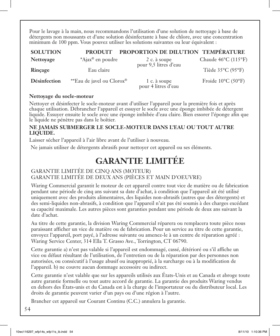 Garantie limitée | Waring WFP14S User Manual | Page 54 / 56