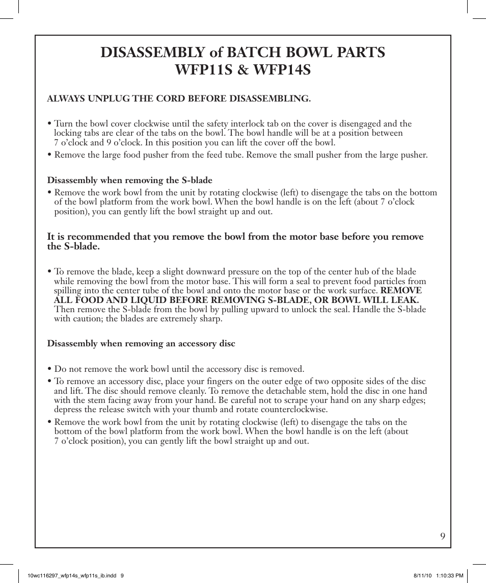 Disassembly of batch bowl parts wfp11s & wfp14s | Waring WFP14S User Manual | Page 9 / 56