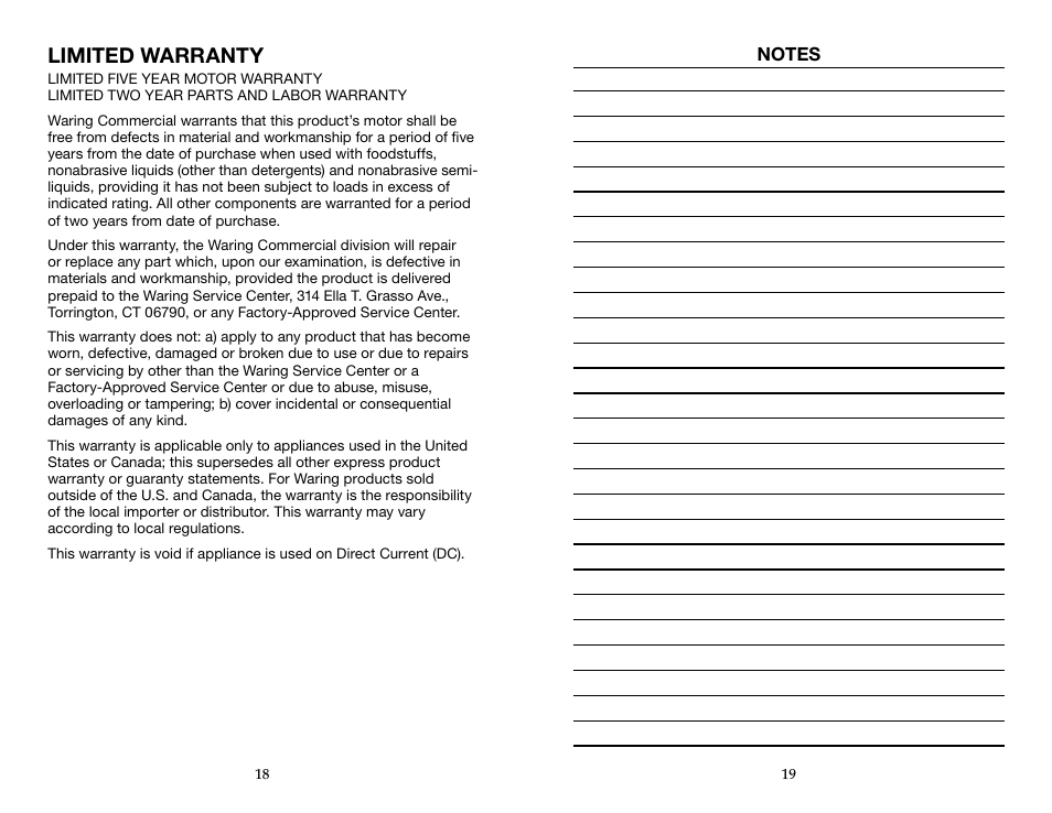 Limited warranty | Waring WFP14SW User Manual | Page 10 / 27