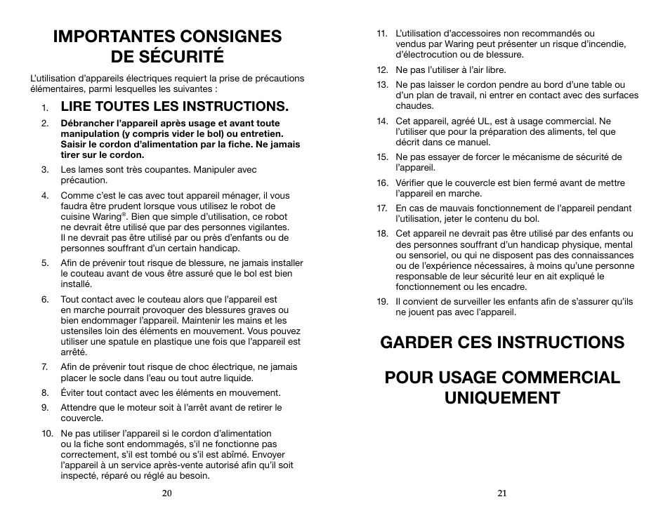 Lire toutes les instructions | Waring WFP14SW User Manual | Page 11 / 27