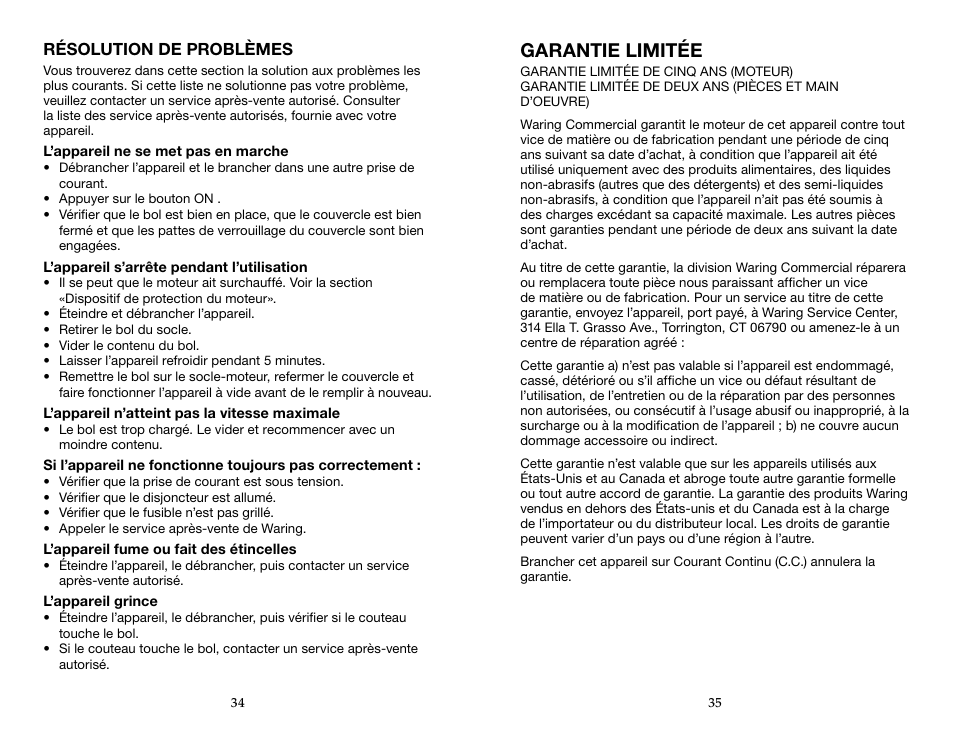 Garantie limitée | Waring WFP14SW User Manual | Page 18 / 27