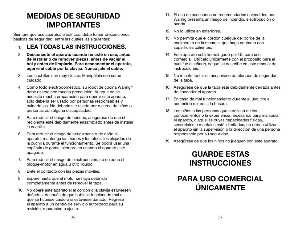Lea todas las instrucciones | Waring WFP14SW User Manual | Page 19 / 27