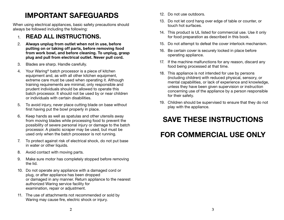 Important safeguards, Save these instructions for commercial use only, Read all instructions | Waring WFP14SW User Manual | Page 2 / 27