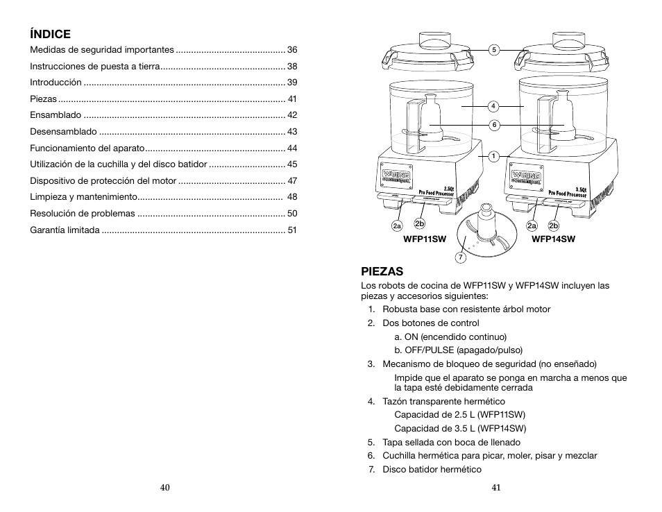 Piezas, Índice | Waring WFP14SW User Manual | Page 21 / 27