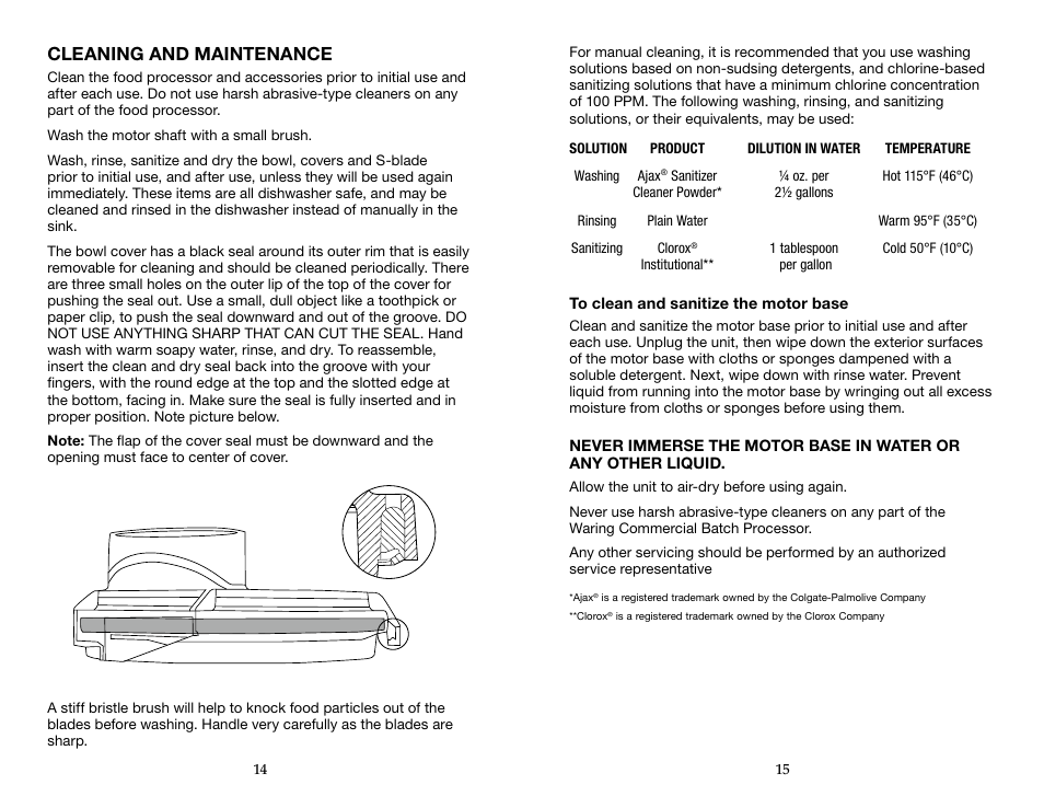 Cleaning and maintenance | Waring WFP14SW User Manual | Page 8 / 27