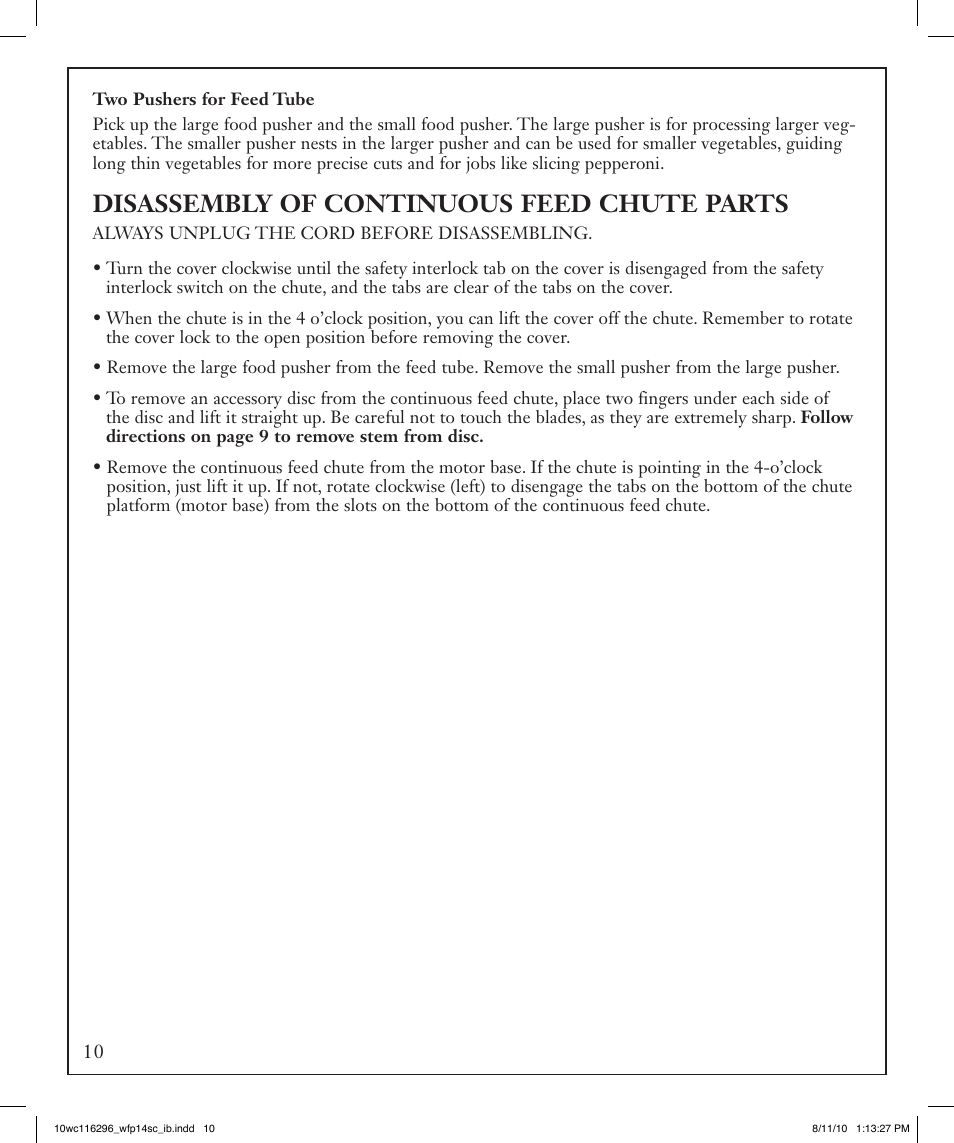 Disassembly of continuous feed chute parts | Waring WFP14SC User Manual | Page 10 / 60