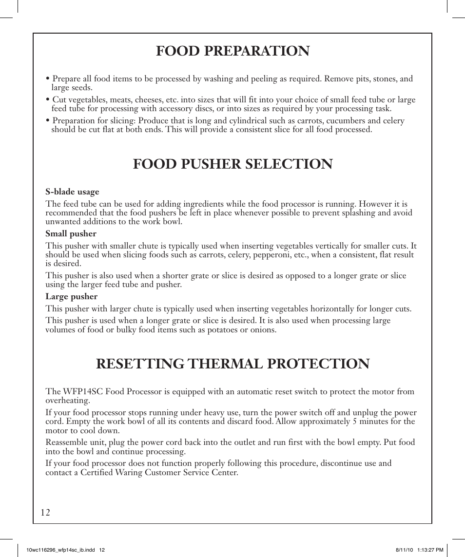 Food preparation, Food pusher selection, Resetting thermal protection | Waring WFP14SC User Manual | Page 12 / 60