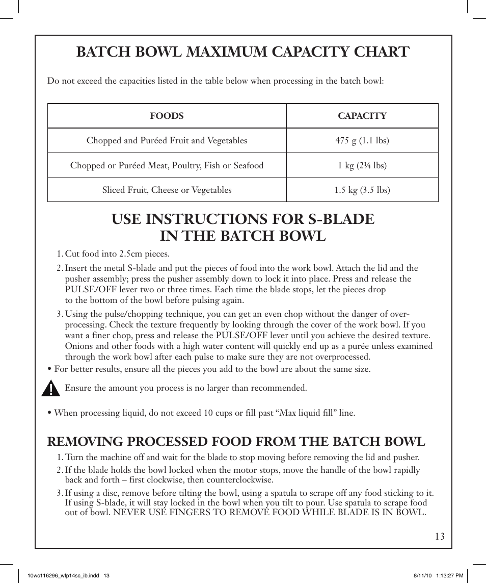 Batch bowl maximum capacity chart, Use instructions for s-blade in the batch bowl, Removing processed food from the batch bowl | Waring WFP14SC User Manual | Page 13 / 60