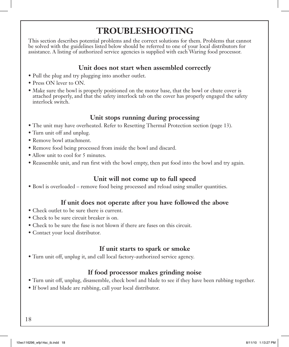 Troubleshooting | Waring WFP14SC User Manual | Page 18 / 60