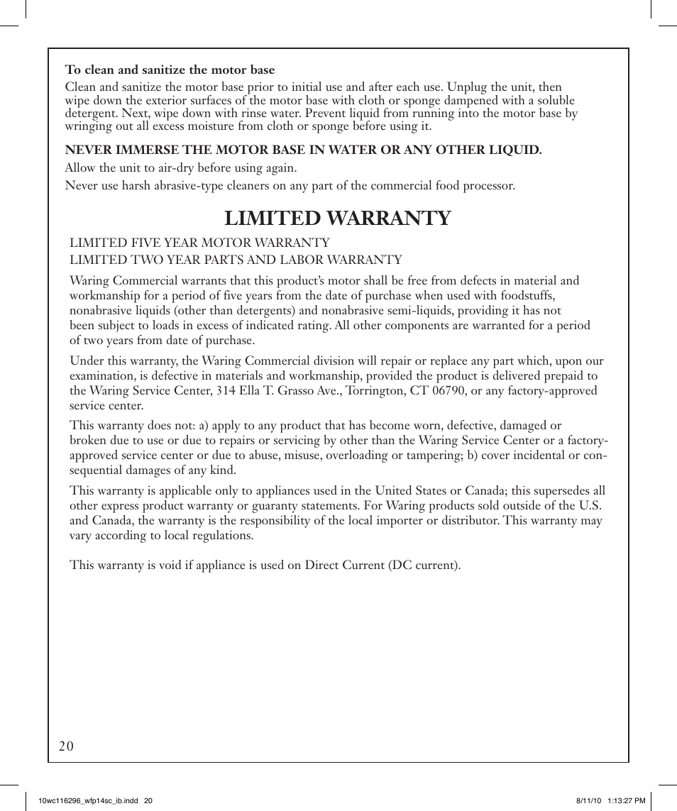 Limited warranty | Waring WFP14SC User Manual | Page 20 / 60
