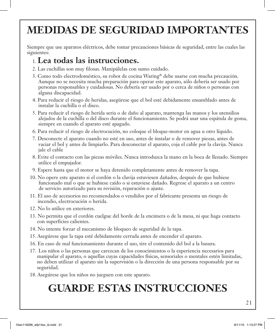 Medidas de seguridad importantes, Guarde estas instrucciones, Lea todas las instrucciones | Waring WFP14SC User Manual | Page 21 / 60