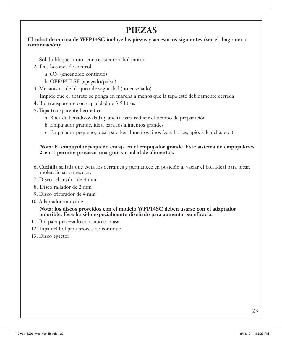 Piezas | Waring WFP14SC User Manual | Page 23 / 60