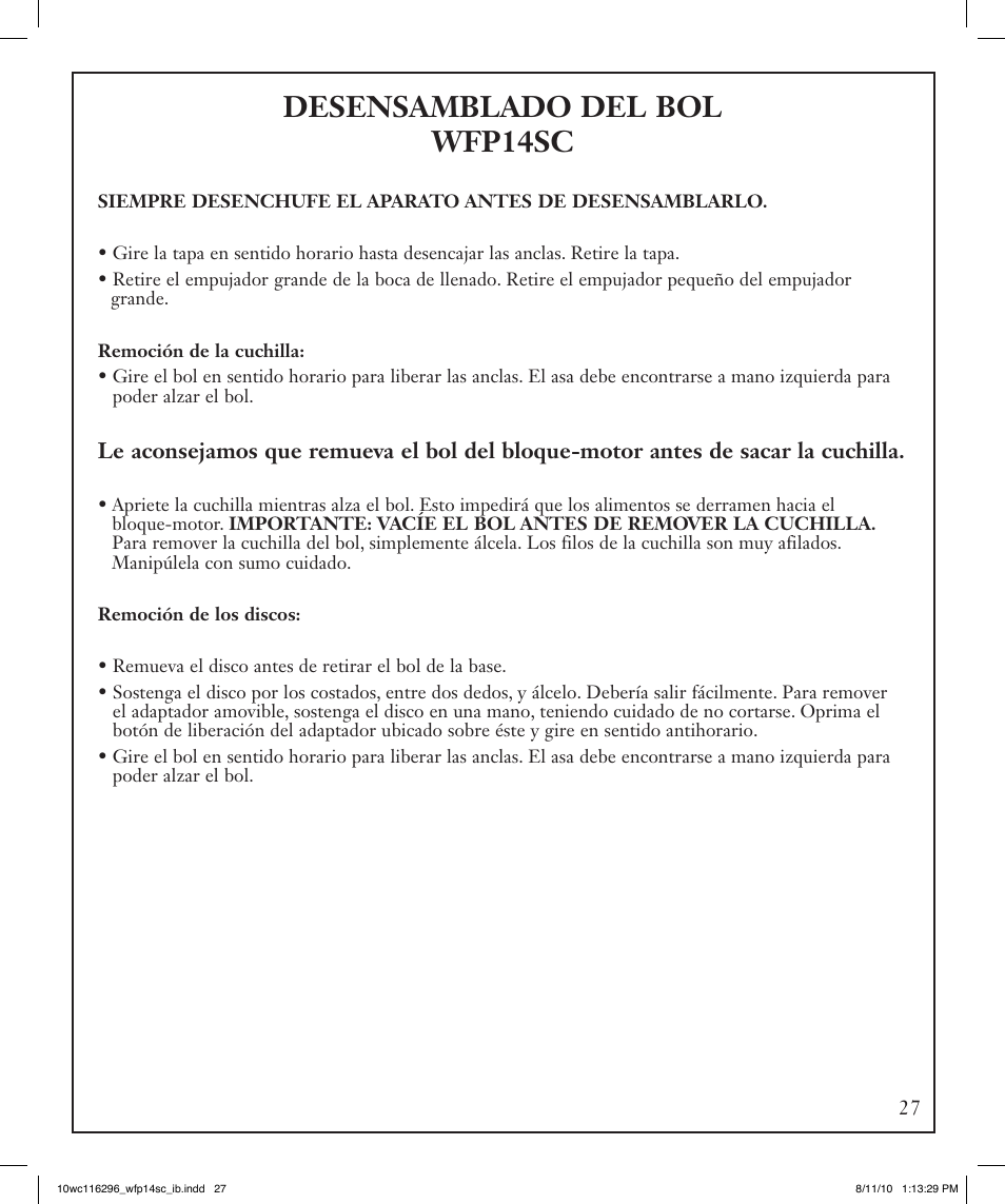 Desensamblado del bol wfp14sc | Waring WFP14SC User Manual | Page 27 / 60