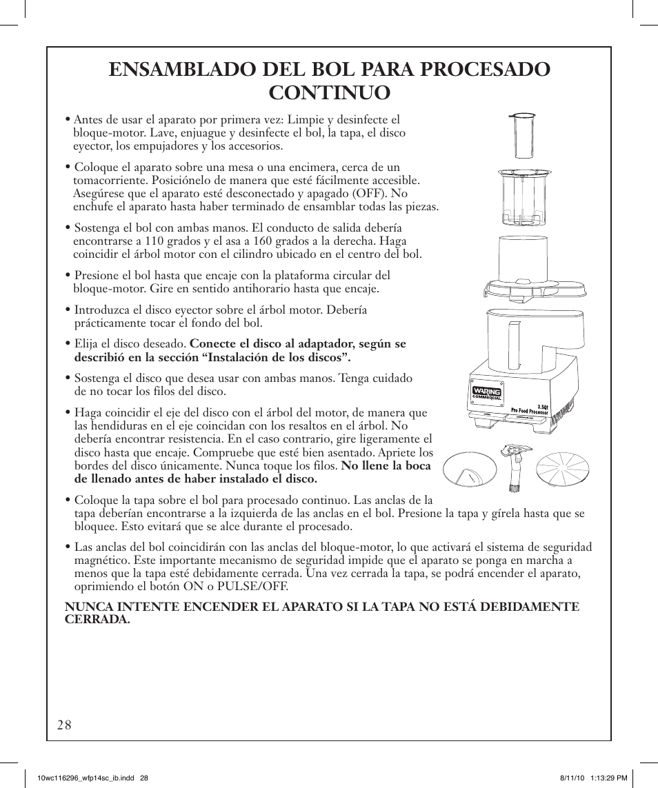 Ensamblado del bol para procesado continuo | Waring WFP14SC User Manual | Page 28 / 60