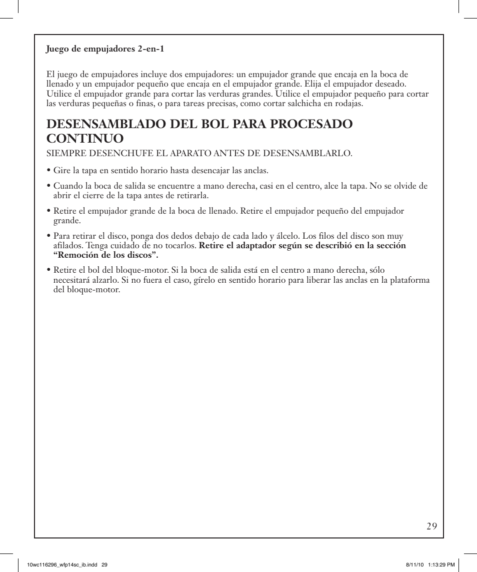 Desensamblado del bol para procesado continuo | Waring WFP14SC User Manual | Page 29 / 60