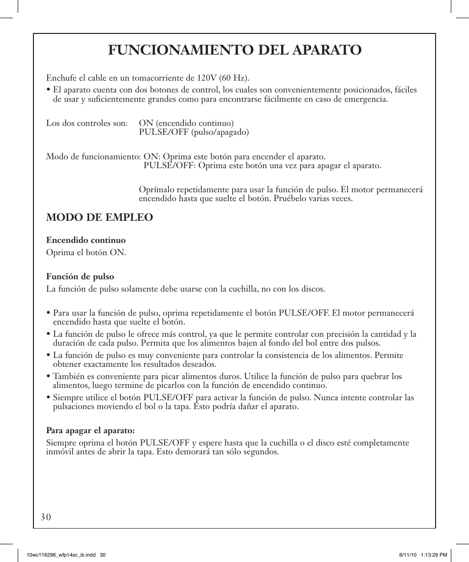 Funcionamiento del aparato | Waring WFP14SC User Manual | Page 30 / 60