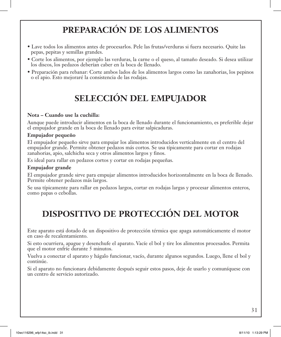 Preparación de los alimentos, Selección del empujador, Dispositivo de protección del motor | Waring WFP14SC User Manual | Page 31 / 60