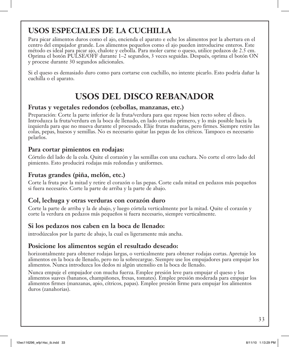 Usos del disco rebanador, Usos especiales de la cuchilla | Waring WFP14SC User Manual | Page 33 / 60