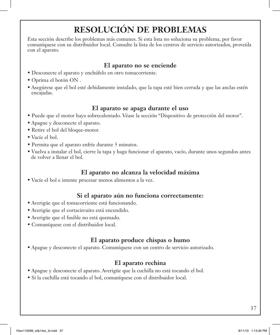 Resolución de problemas | Waring WFP14SC User Manual | Page 37 / 60