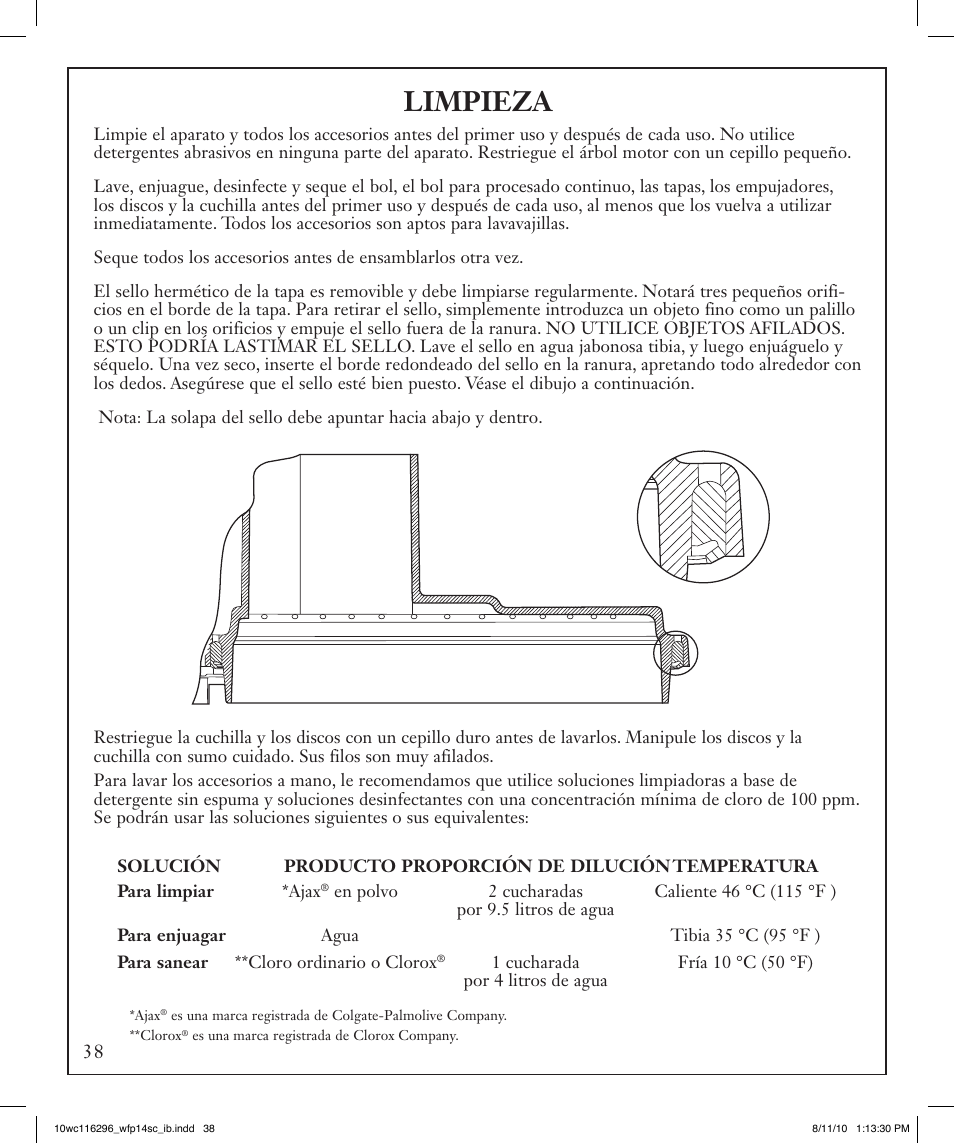 Limpieza | Waring WFP14SC User Manual | Page 38 / 60