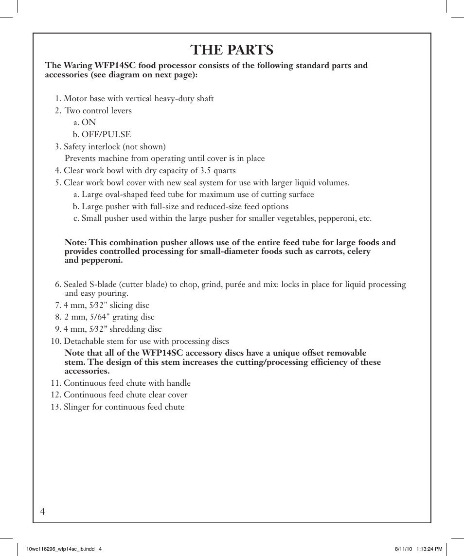 The parts | Waring WFP14SC User Manual | Page 4 / 60