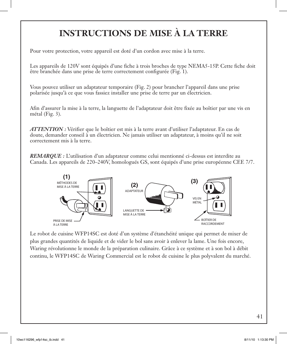 Instructions de mise à la terre | Waring WFP14SC User Manual | Page 41 / 60