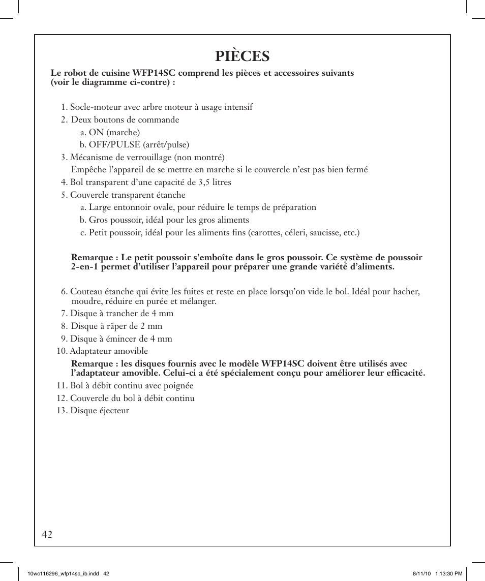 Pièces | Waring WFP14SC User Manual | Page 42 / 60