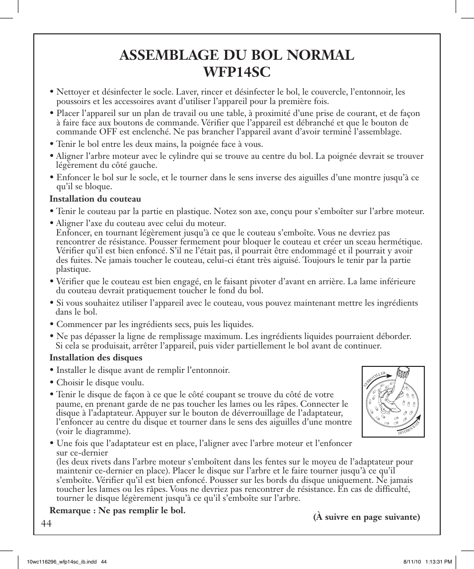 Assemblage du bol normal wfp14sc | Waring WFP14SC User Manual | Page 44 / 60