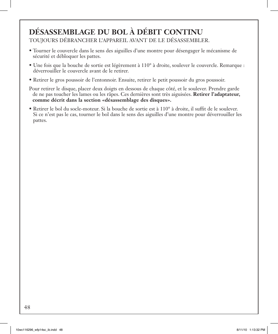 Désassemblage du bol à débit continu | Waring WFP14SC User Manual | Page 48 / 60