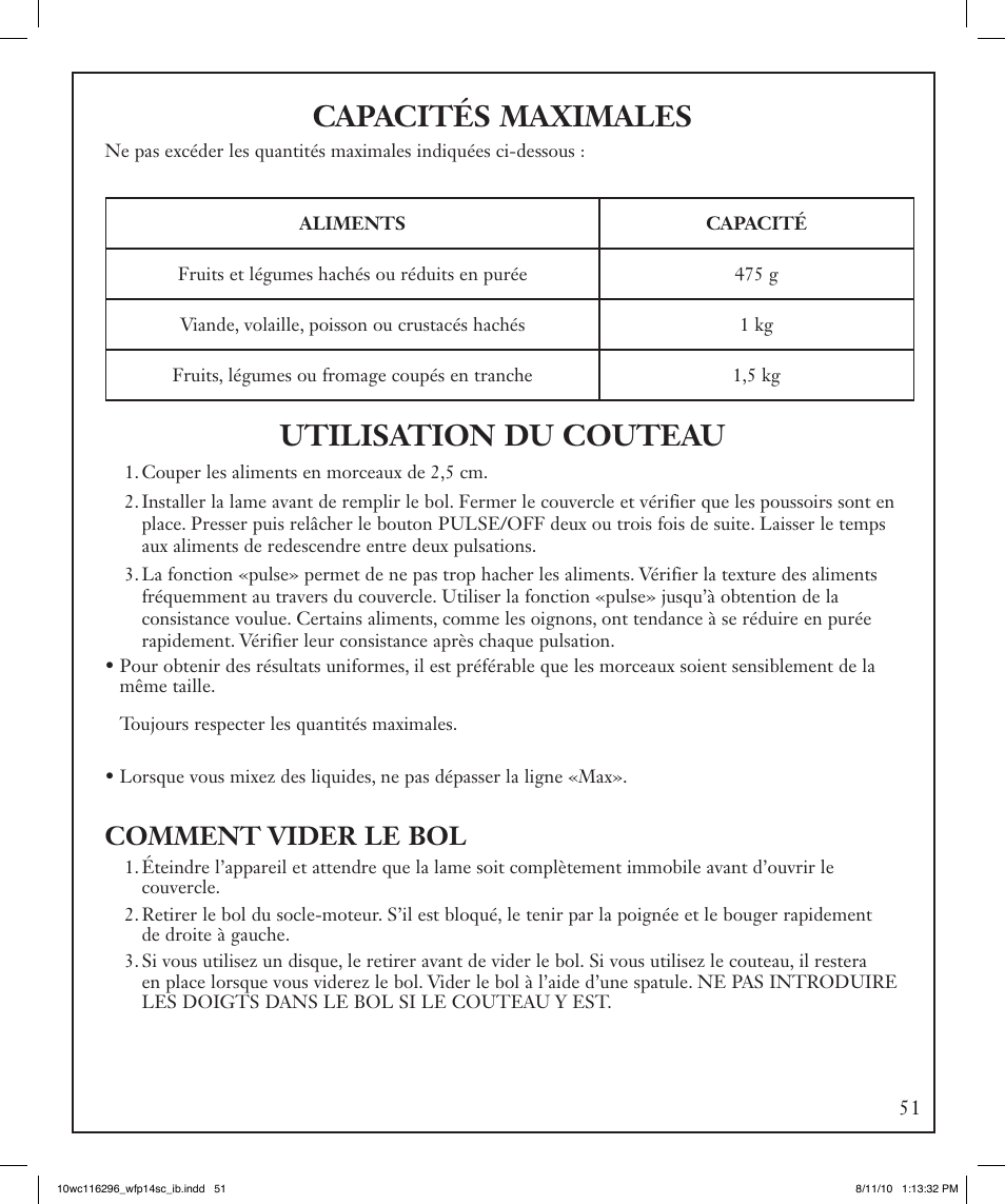 Capacités maximales, Utilisation du couteau, Comment vider le bol | Waring WFP14SC User Manual | Page 51 / 60